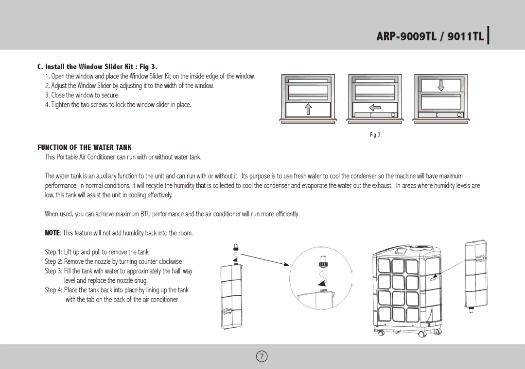 Royal Sovereign ARP-9011TL, ARP-9009TL owner manual Install the Window Slider Kit Fig, Function of the Water Tank 