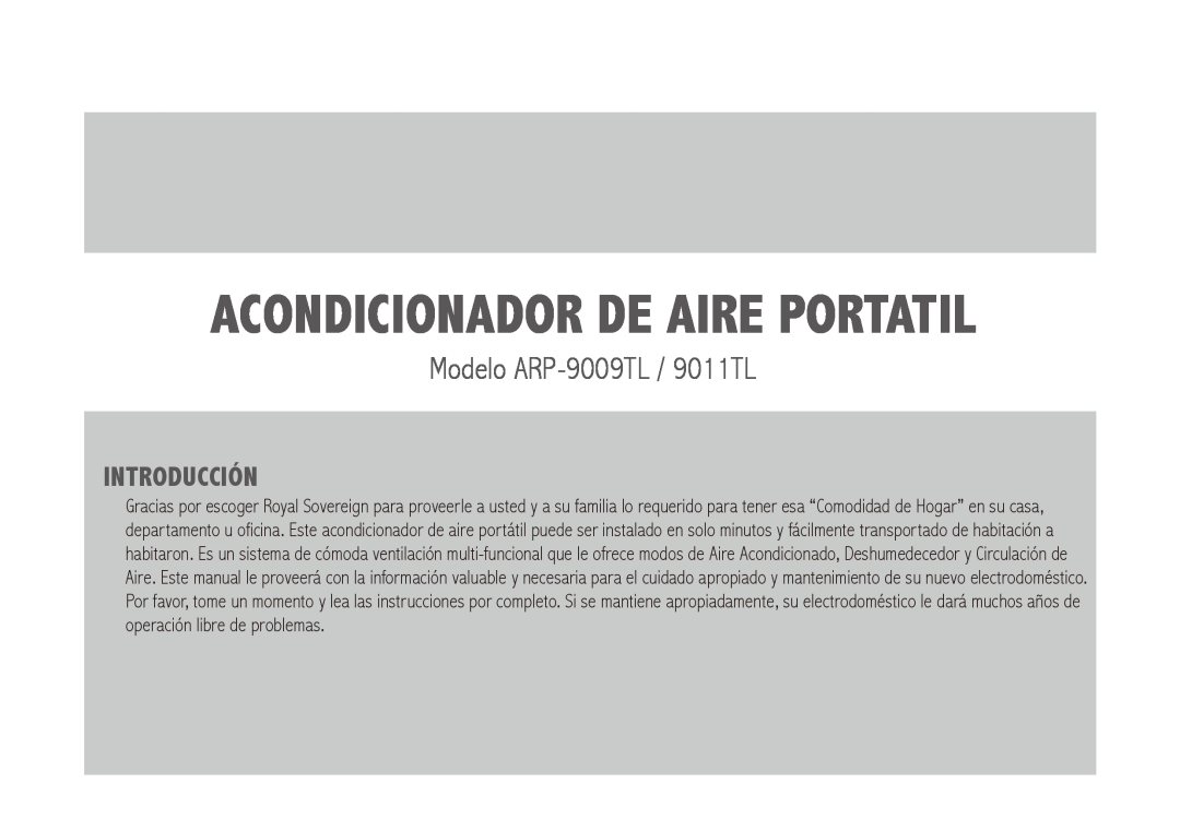 Royal Sovereign ARP-9011TL owner manual Modelo ARP-9009TL /9011TL, Introducción, Acondicionador De Aire Portatil 