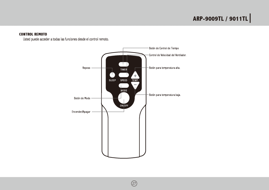 Royal Sovereign ARP-9011TL owner manual ARP-9009TL /9011TL, Control Remoto, Reposo Botón de Modo Encender/Apagar 