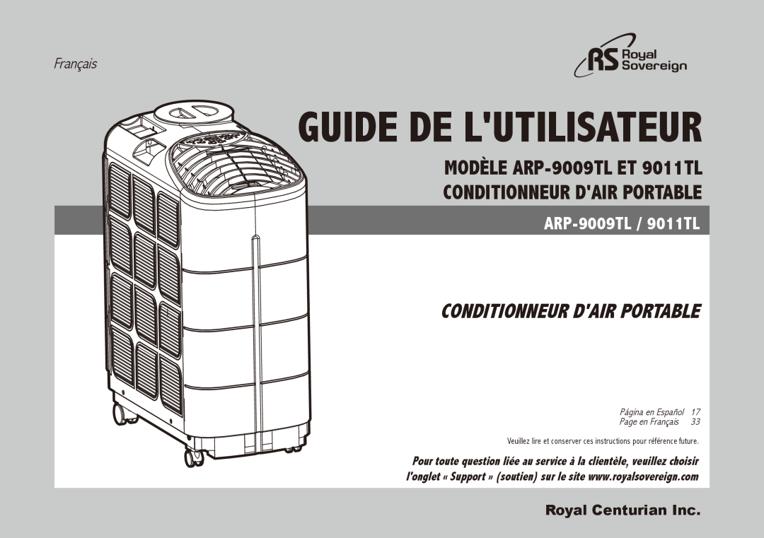 Royal Sovereign ARP-9011TL Guide de lutilisateur, Modèle ARP-9009TLet 9011TL, Conditionneur Dair Portable, Français 