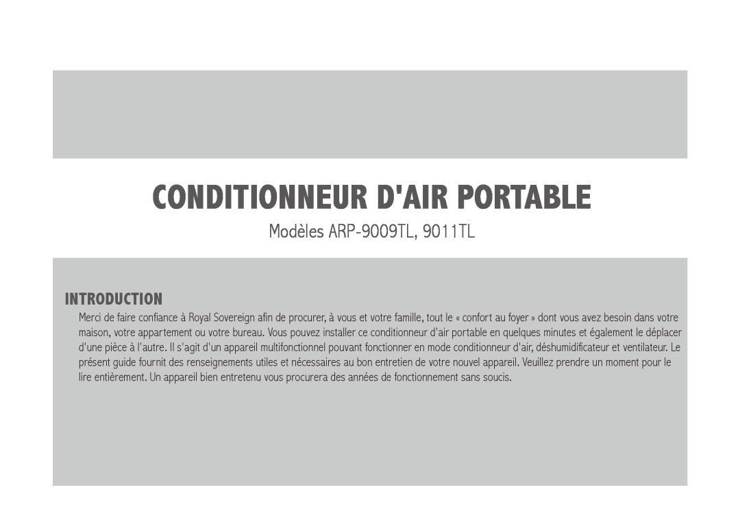 Royal Sovereign ARP-9011TL owner manual Conditionneur dair portable, Modèles ARP-9009TL,9011TL, Introduction 