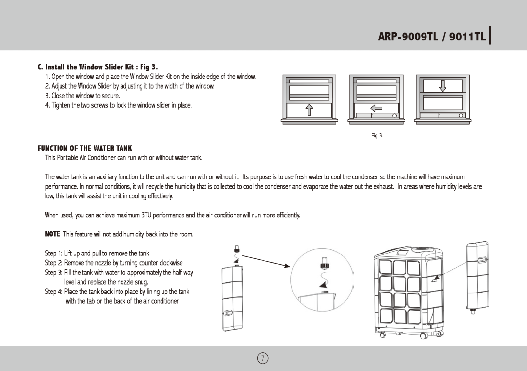 Royal Sovereign ARP-9011TL ARP-9009TL /9011TL, C. Install the Window Slider Kit Fig, Function Of The Water Tank 