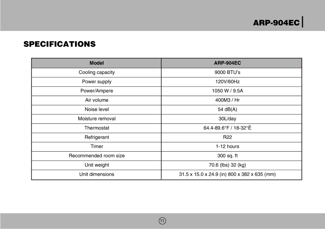 Royal Sovereign owner manual ARP-904EC Specifications, Model ARP-904EC 