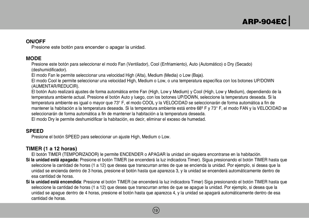 Royal Sovereign ARP-904EC owner manual Timer 1 a 12 horas 