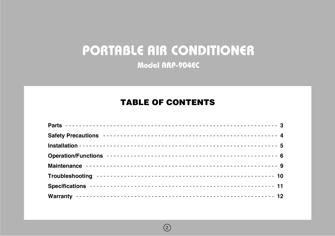 Royal Sovereign ARP-904EC owner manual Portable AIR Conditioner, Table of Contents 