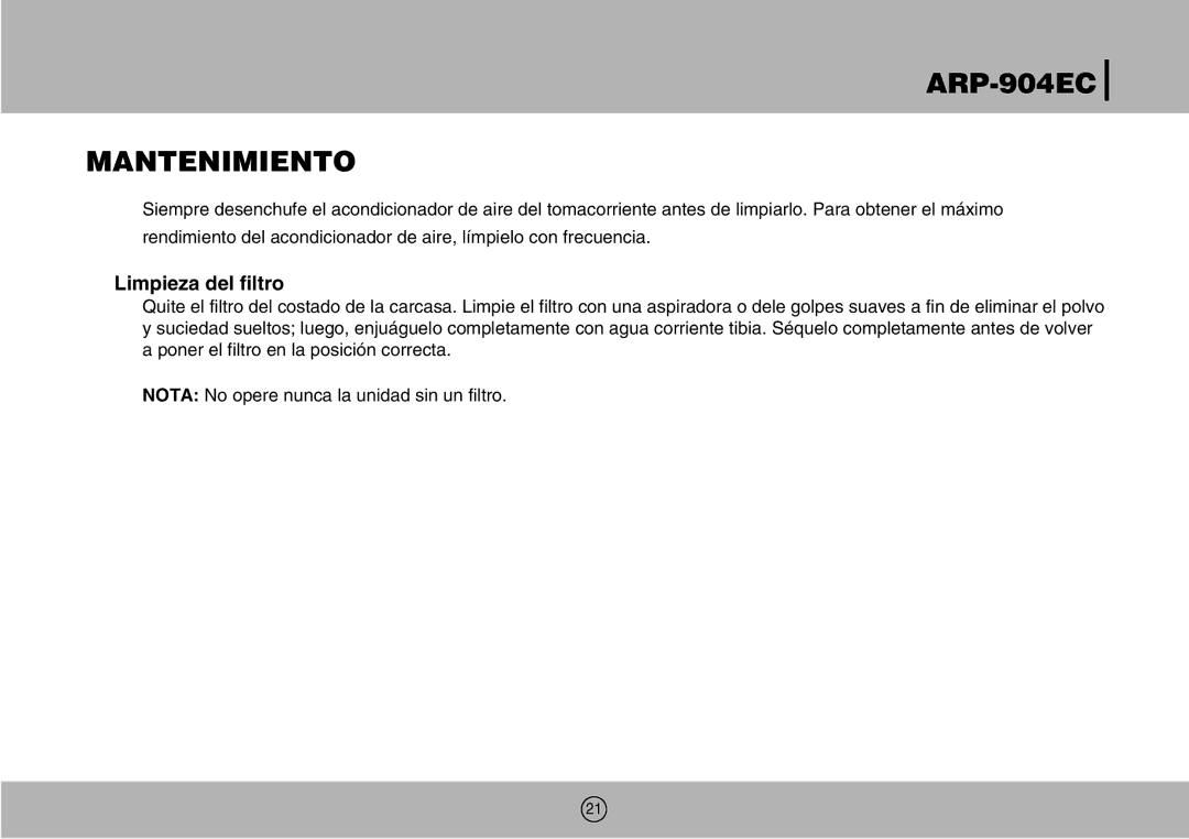 Royal Sovereign owner manual ARP-904EC Mantenimiento, Limpieza del filtro 