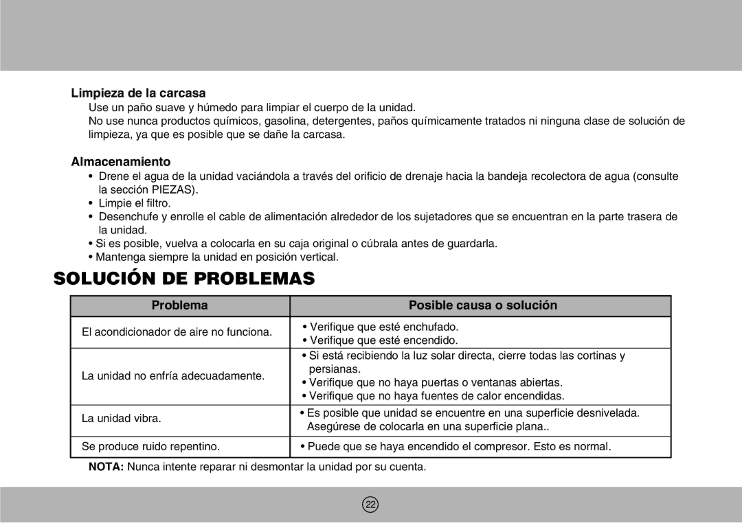 Royal Sovereign ARP-904EC Solución DE Problemas, Limpieza de la carcasa, Almacenamiento, Problema Posible causa o solución 