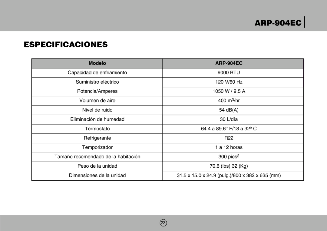 Royal Sovereign owner manual ARP-904EC Especificaciones, Modelo ARP-904EC 