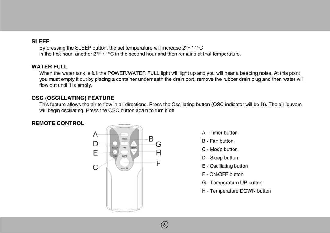 Royal Sovereign ARP-904EC owner manual Sleep, Water Full, OSC Oscillating Feature, Remote Control 