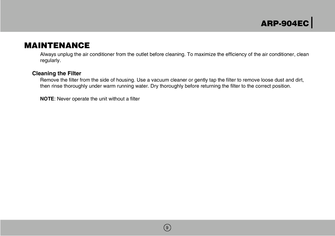 Royal Sovereign owner manual ARP-904EC Maintenance, Cleaning the Filter 