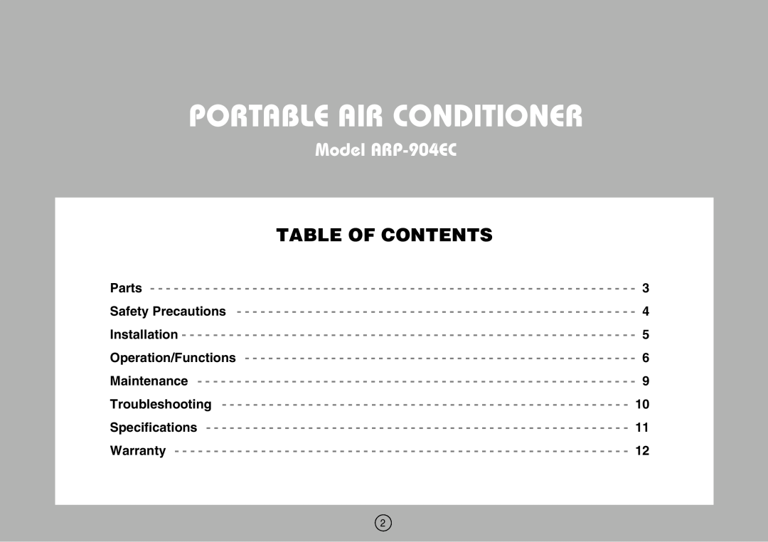Royal Sovereign owner manual Portable Air Conditioner, Model ARP-904EC, Table Of Contents 
