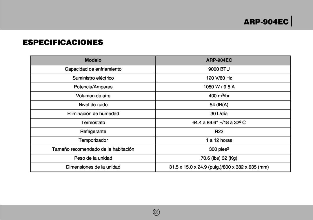 Royal Sovereign ARP-904EC owner manual Especificaciones, Modelo 