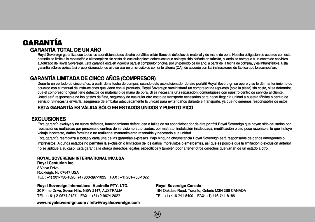 Royal Sovereign ARP-904EC owner manual Garantía Total De Un Año, Garantía Limitada De Cinco Años Compresor, Exclusiones 
