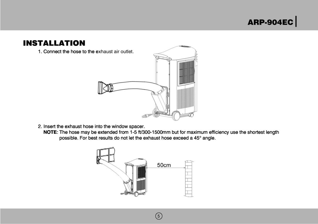Royal Sovereign ARP-904EC owner manual Installation, Connect the hose to the exhaust air outlet 
