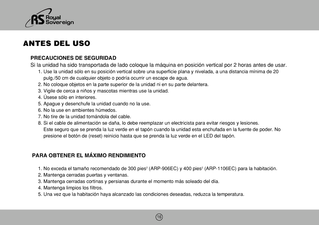 Royal Sovereign ARP-906EC, 1106EC owner manual Antes DEL USO, Precauciones DE Seguridad, Para Obtener EL Máximo Rendimiento 