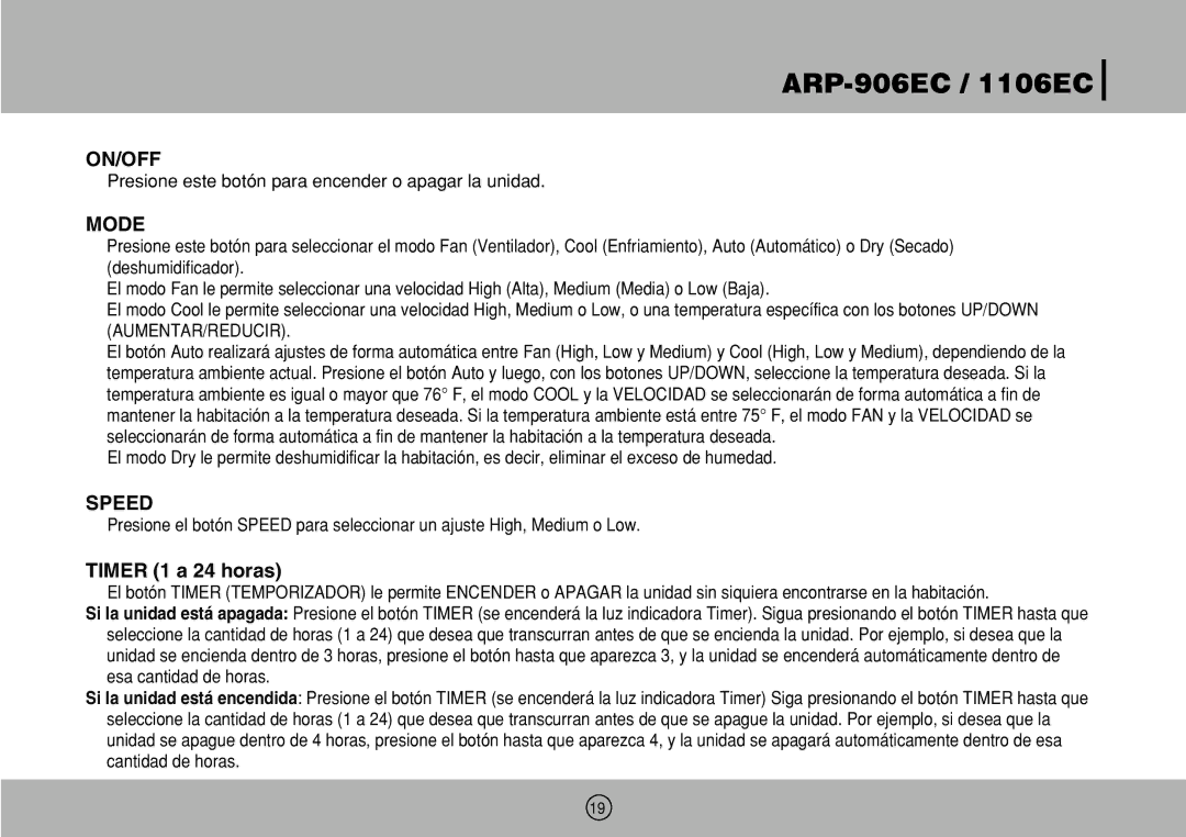 Royal Sovereign 1106EC, ARP-906EC owner manual On/Off, Timer 1 a 24 horas 