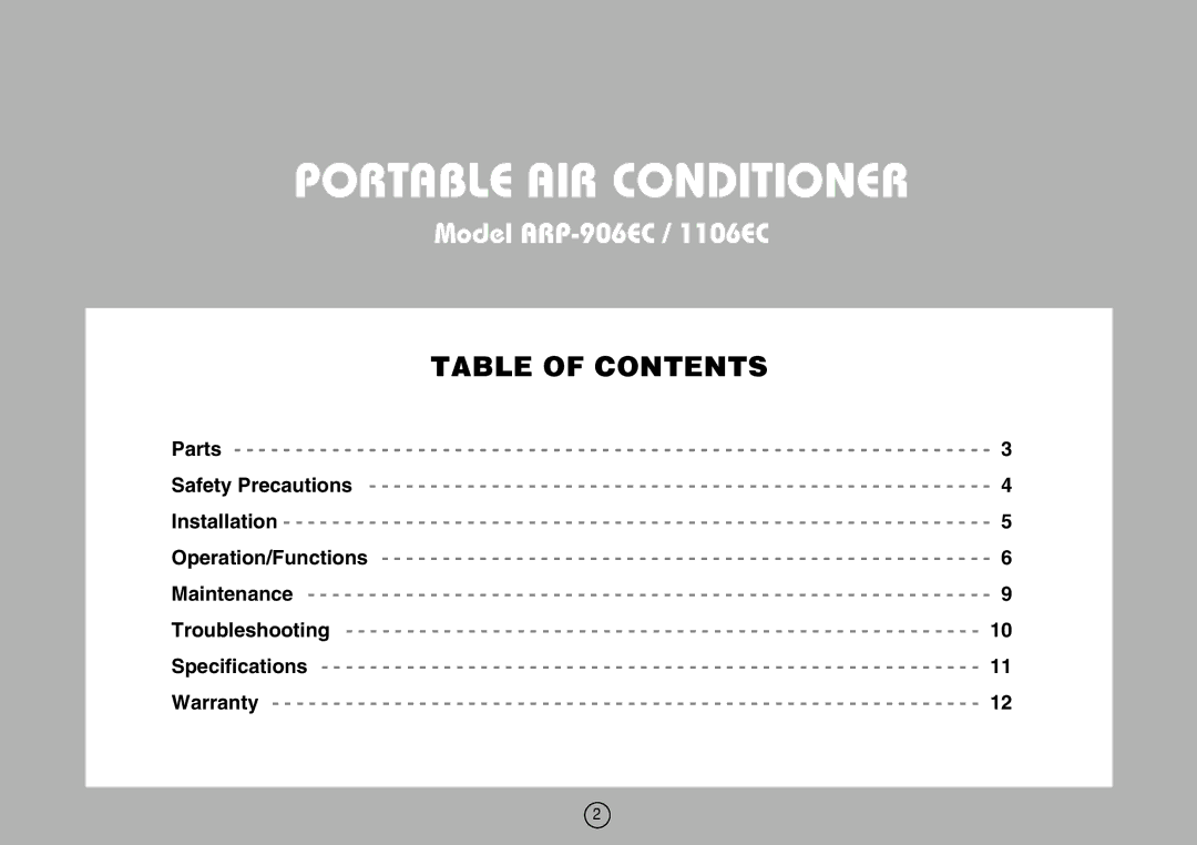 Royal Sovereign ARP-906EC, 1106EC owner manual Portable AIR Conditioner, Table of Contents 