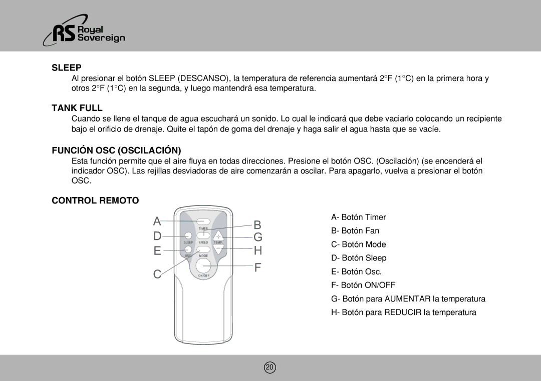 Royal Sovereign ARP-906EC, 1106EC owner manual Función OSC Oscilación, Control Remoto 