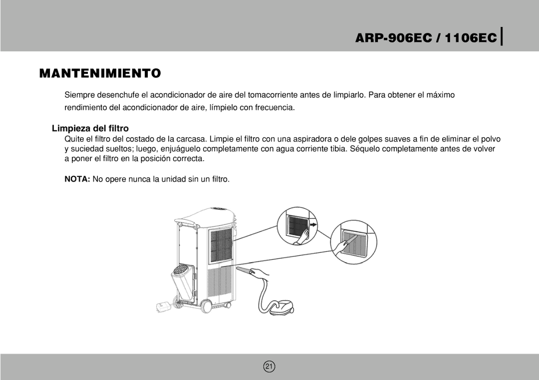 Royal Sovereign 1106EC, ARP-906EC owner manual Mantenimiento, Limpieza del filtro 