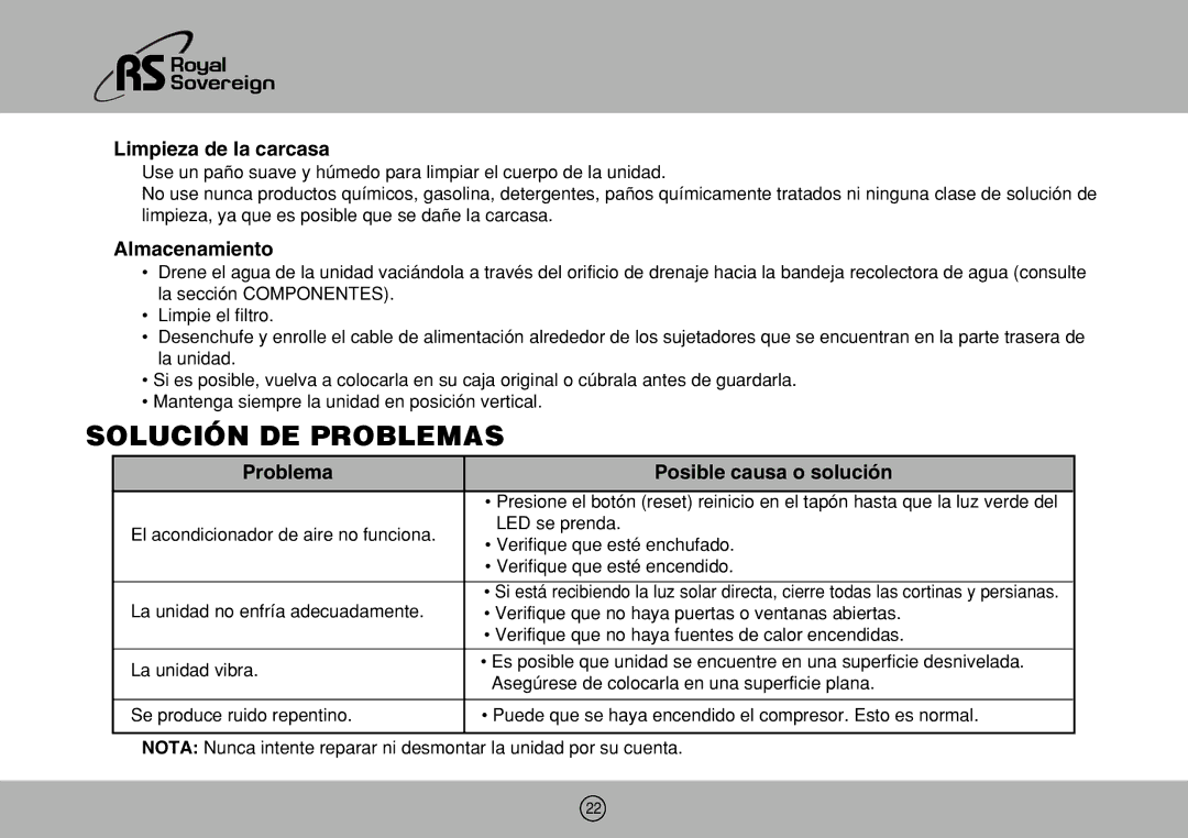 Royal Sovereign ARP-906EC Solución DE Problemas, Limpieza de la carcasa, Almacenamiento, Problema Posible causa o solución 