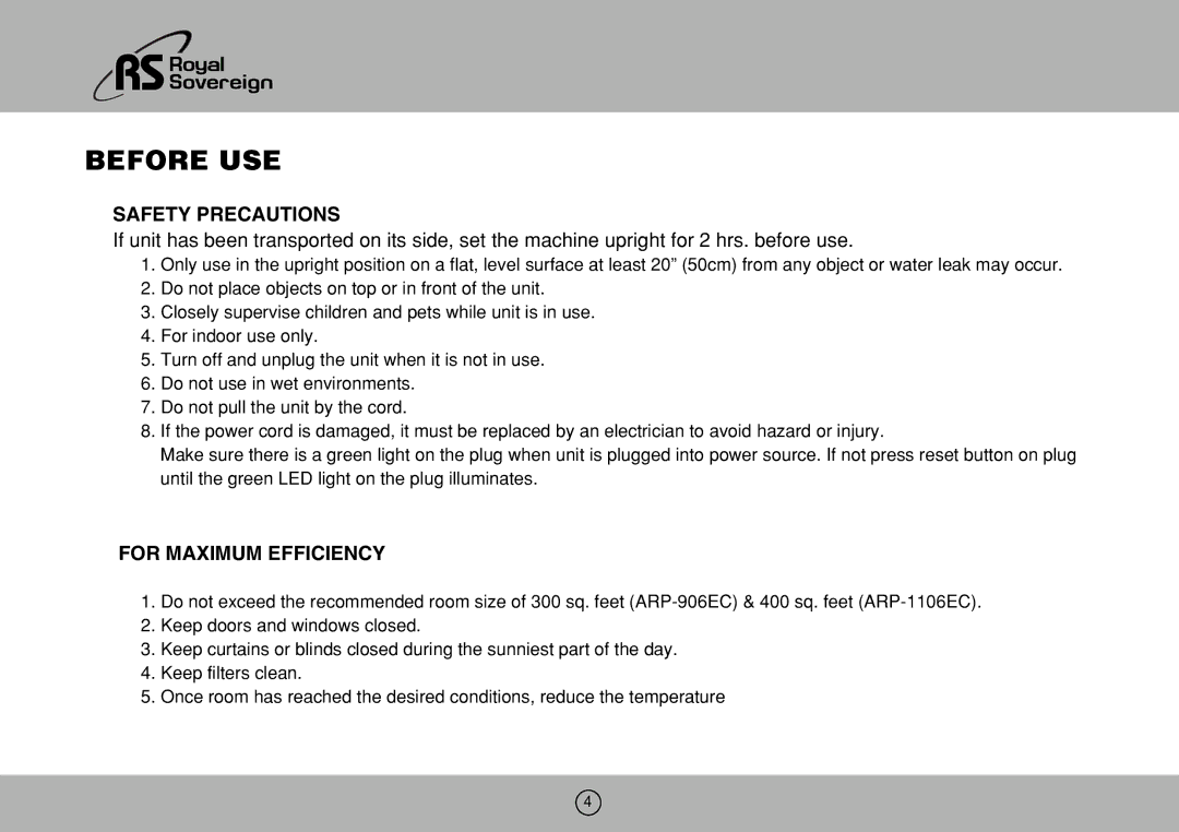 Royal Sovereign ARP-906EC, 1106EC owner manual Before USE, Safety Precautions, For Maximum Efficiency 