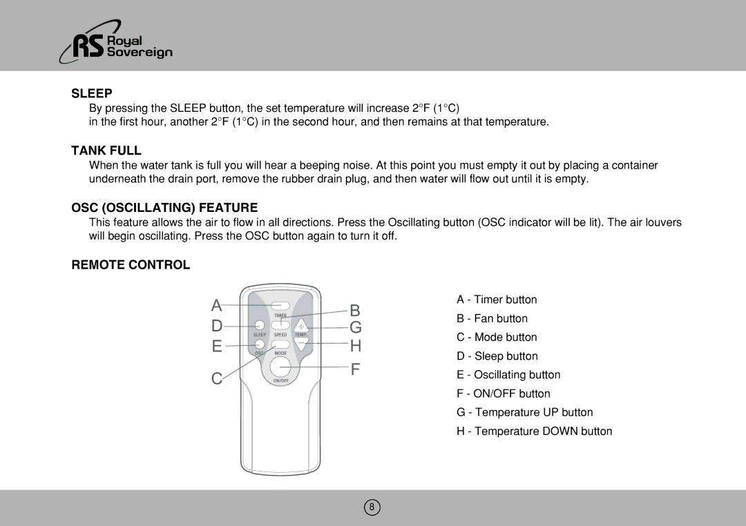 Royal Sovereign ARP-906EC, 1106EC owner manual Sleep, Tank Full, OSC Oscillating Feature, Remote Control 