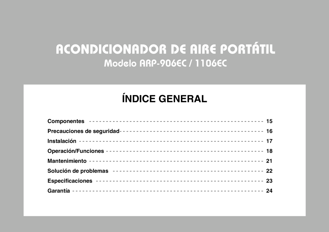 Royal Sovereign owner manual Acondicionador De Aire Portátil, Modelo ARP-906EC /1106EC, Índice General 