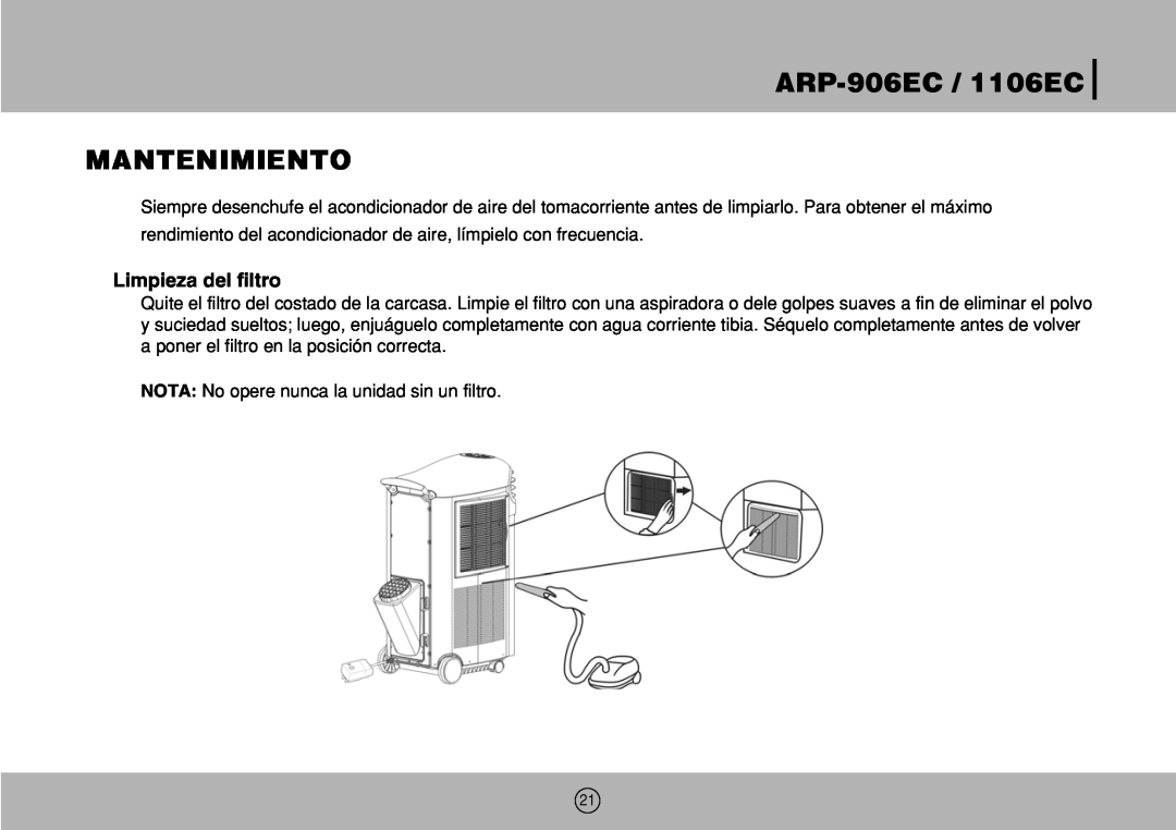 Royal Sovereign owner manual ARP-906EC /1106EC MANTENIMIENTO, Limpieza del filtro 