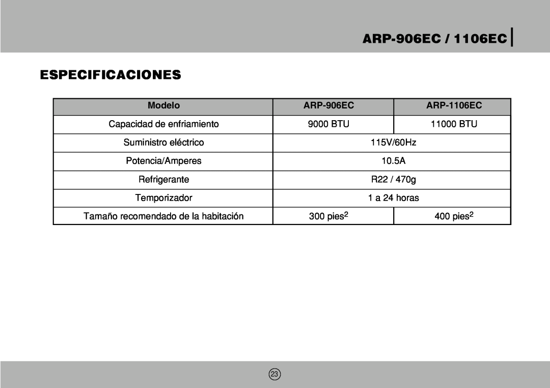 Royal Sovereign owner manual Especificaciones, Modelo, ARP-906EC /1106EC, ARP-1106EC 