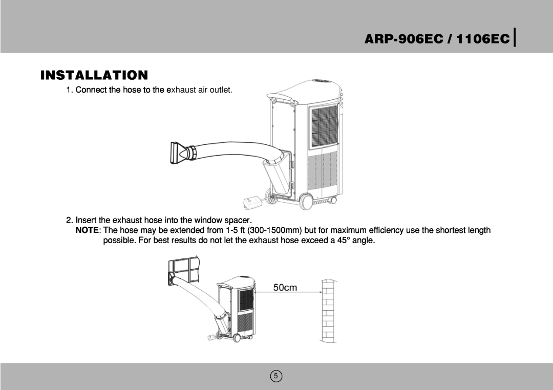 Royal Sovereign owner manual ARP-906EC /1106EC INSTALLATION, Connect the hose to the exhaust air outlet 