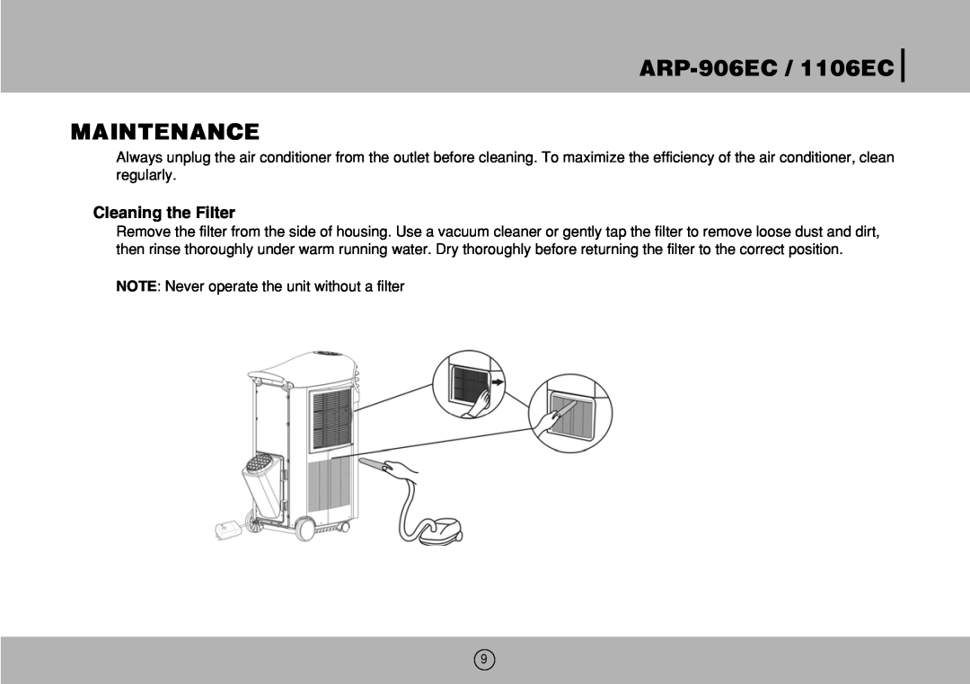 Royal Sovereign owner manual ARP-906EC /1106EC MAINTENANCE, Cleaning the Filter 