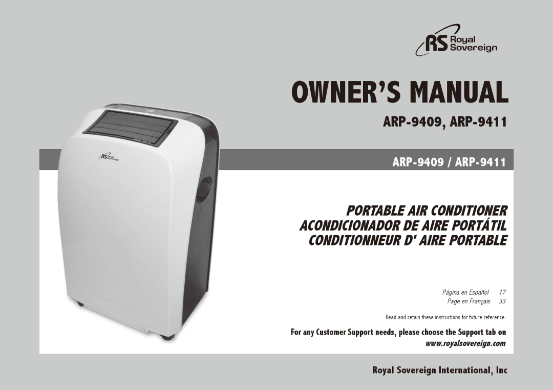 Royal Sovereign ARP-9409, ARP-9411 owner manual Portable air conditioner 