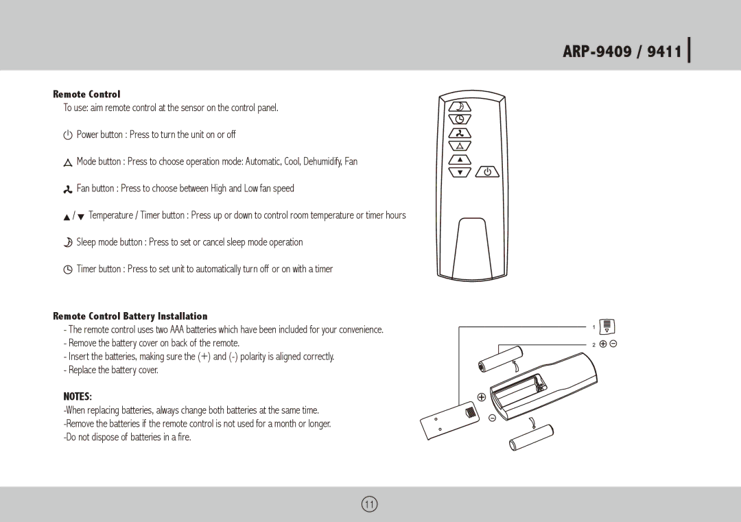 Royal Sovereign ARP-9409, ARP-9411 owner manual Remote Control Battery Installation 