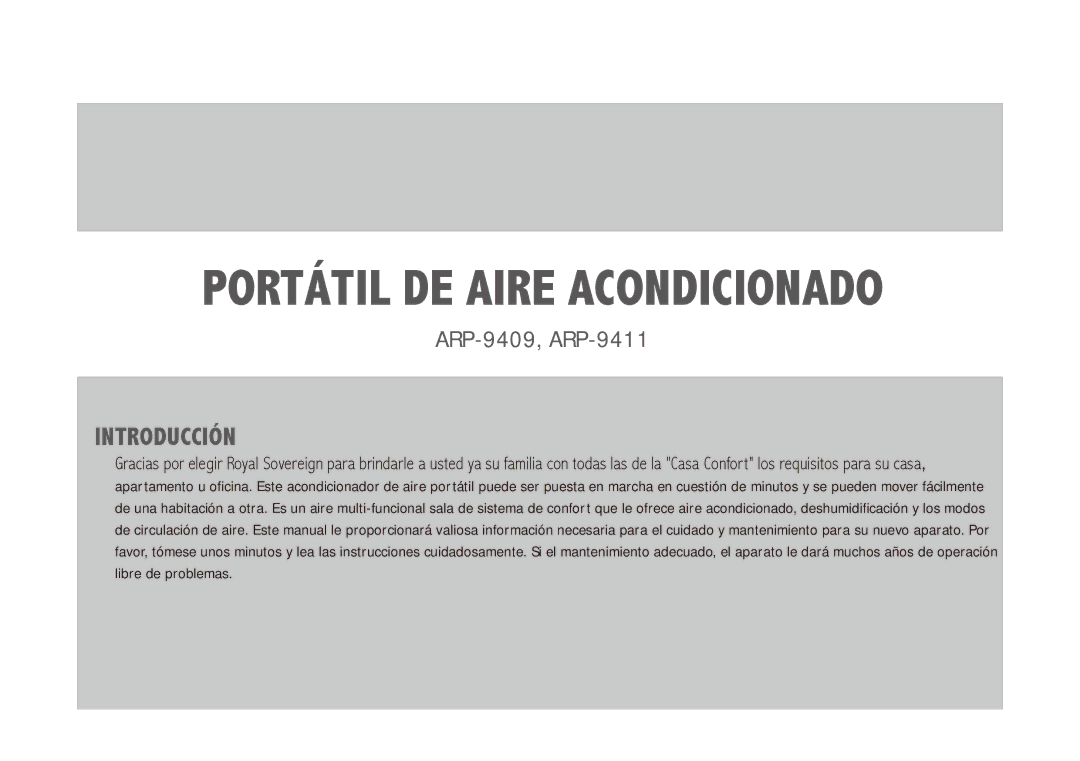 Royal Sovereign ARP-9411, ARP-9409 owner manual Portátil DE Aire Acondicionado 