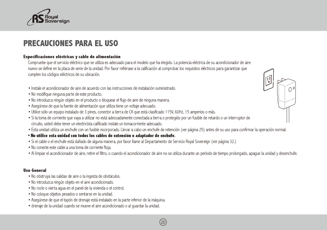 Royal Sovereign ARP-9411 Precauciones para el uso, Especificaciones eléctricas y cable de alimentación, Uso General 