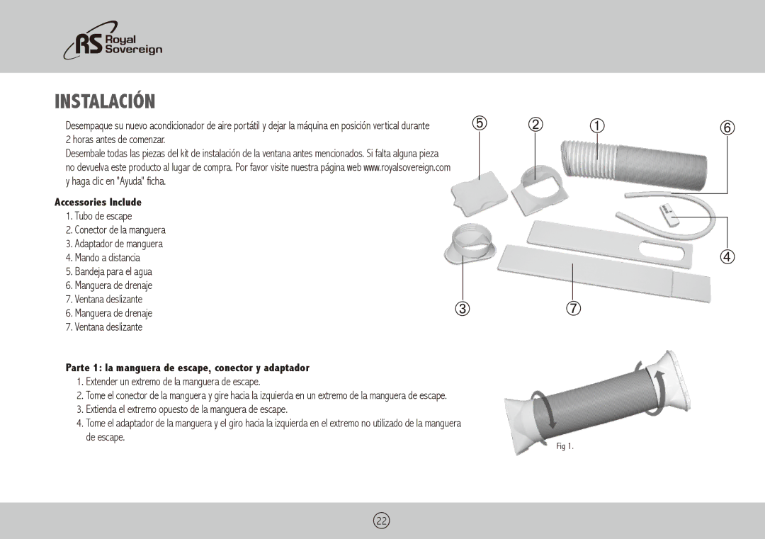Royal Sovereign ARP-9411, ARP-9409 owner manual Instalación, Parte 1 la manguera de escape, conector y adaptador 
