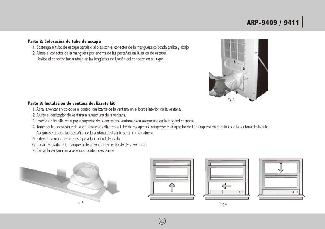 Royal Sovereign ARP-9409, ARP-9411 Parte 2 Colocación de tubo de escape, Parte 3 Instalación de ventana deslizante kit 