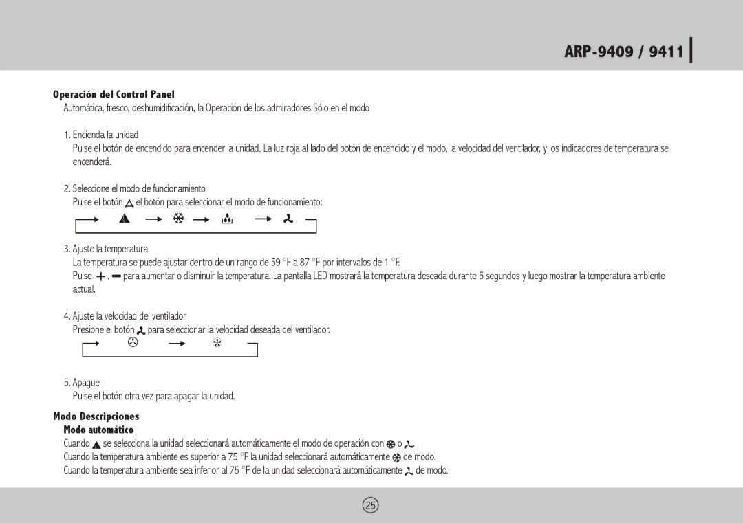Royal Sovereign ARP-9409, ARP-9411 owner manual Operación del Control Panel, Modo Descripciones Modo automático 