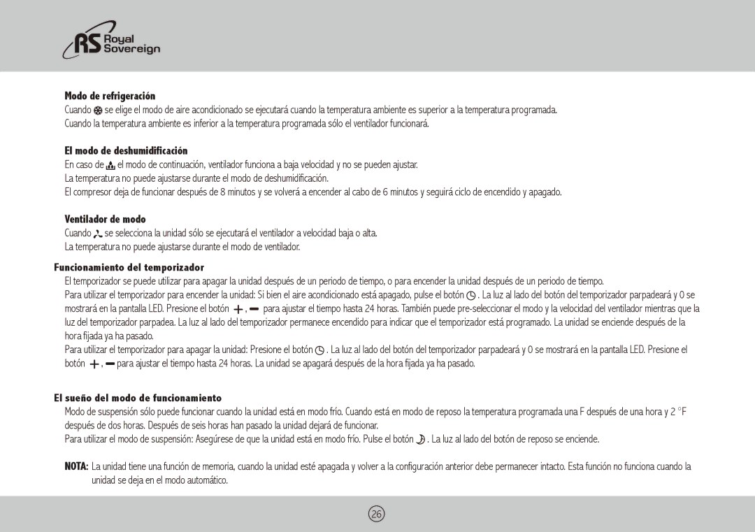 Royal Sovereign ARP-9411, ARP-9409 owner manual Modo de refrigeración, El modo de deshumidificación, Ventilador de modo 