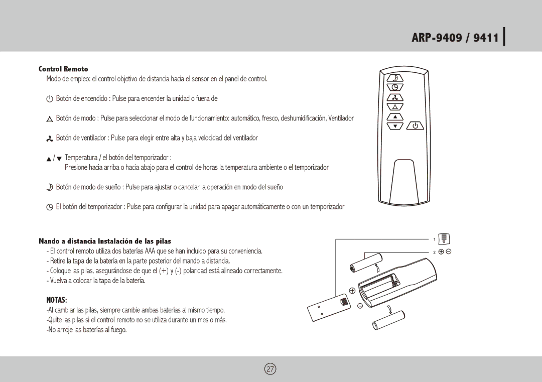 Royal Sovereign ARP-9409, ARP-9411 owner manual Control Remoto, Mando a distancia Instalación de las pilas, Notas 