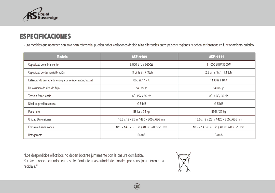 Royal Sovereign owner manual Especificaciones, Modelo ARP-9409 ARP-9411 