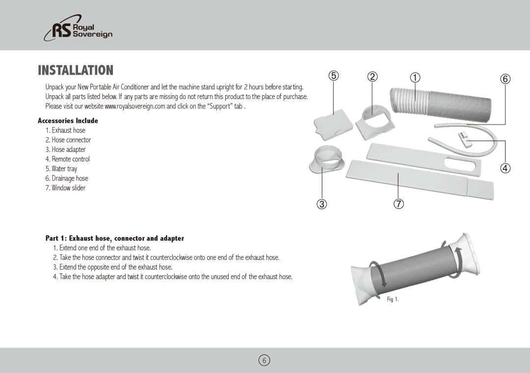 Royal Sovereign ARP-9411, ARP-9409 Installation, Accessories Include, Part 1 Exhaust hose, connector and adapter 