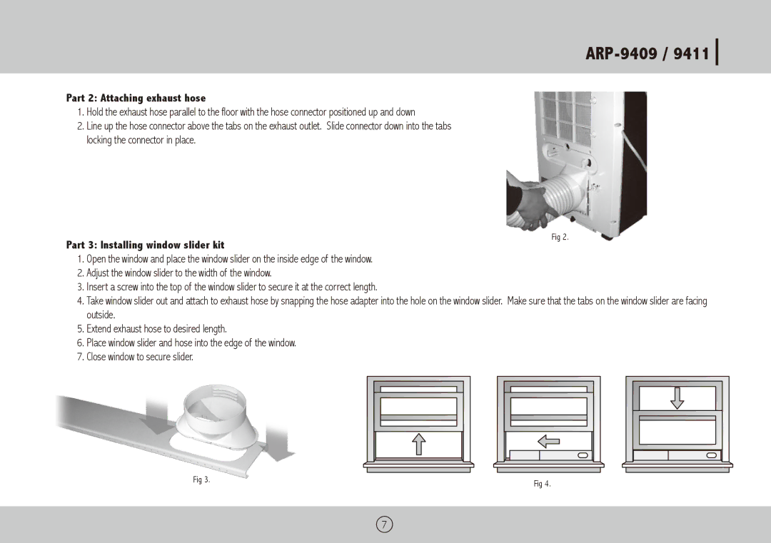 Royal Sovereign ARP-9409, ARP-9411 owner manual Part 2 Attaching exhaust hose, Part 3 Installing window slider kit 