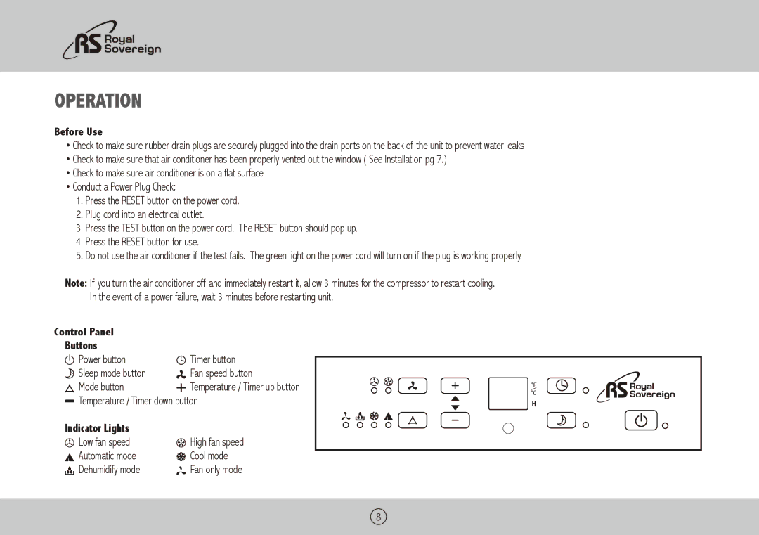 Royal Sovereign ARP-9411, ARP-9409 owner manual Operation, Before Use, Control Panel Buttons, Indicator Lights 