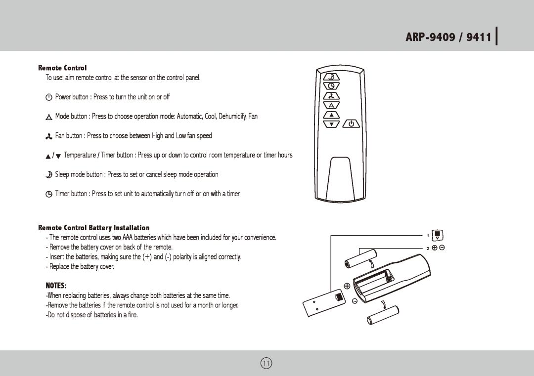 Royal Sovereign ARP-9411 owner manual ARP-9409 /9411, Remote Control Battery Installation 