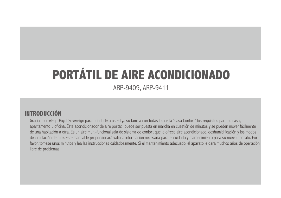 Royal Sovereign owner manual Introducción, Portátil De Aire Acondicionado, ARP-9409, ARP-9411 