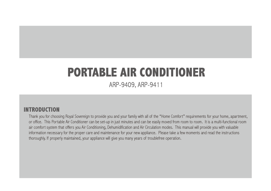 Royal Sovereign owner manual ARP-9409, ARP-9411, Introduction, portable air conditioner 