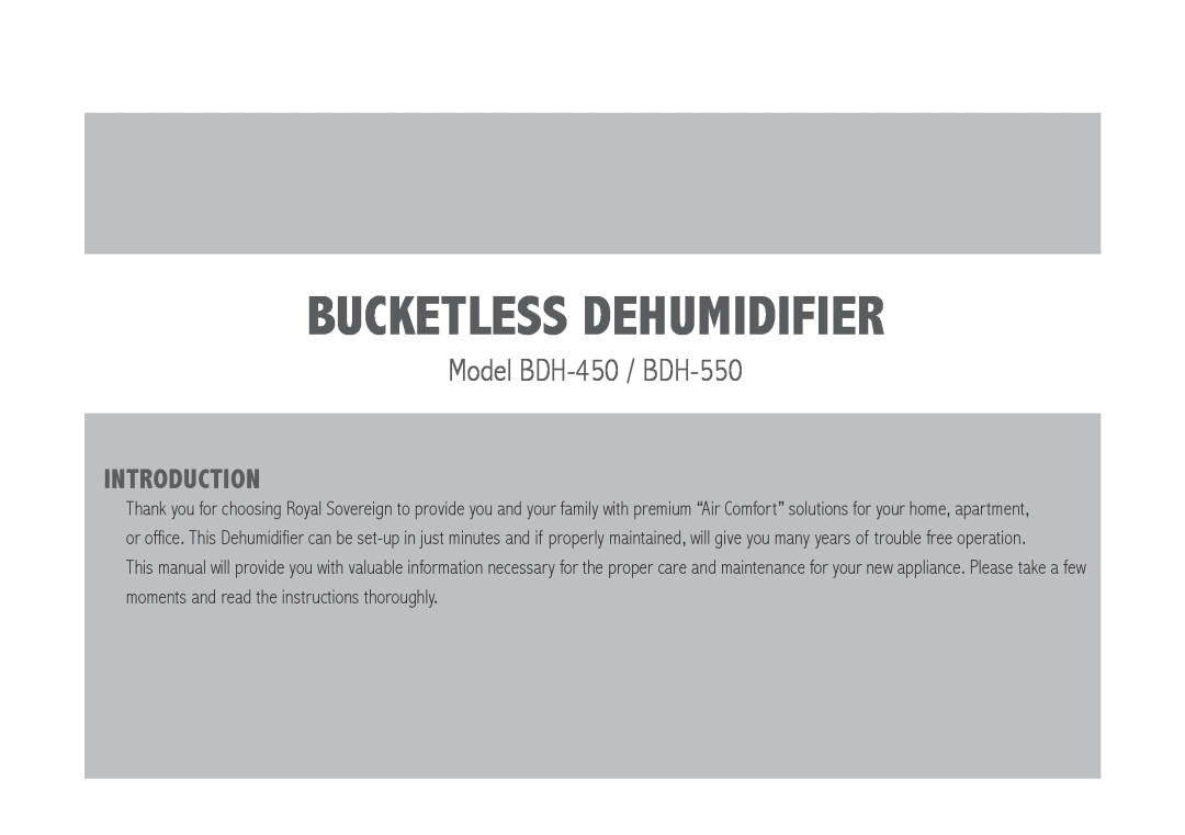Royal Sovereign owner manual Bucketless Dehumidifier, Model BDH-450 / BDH-550, Introduction 