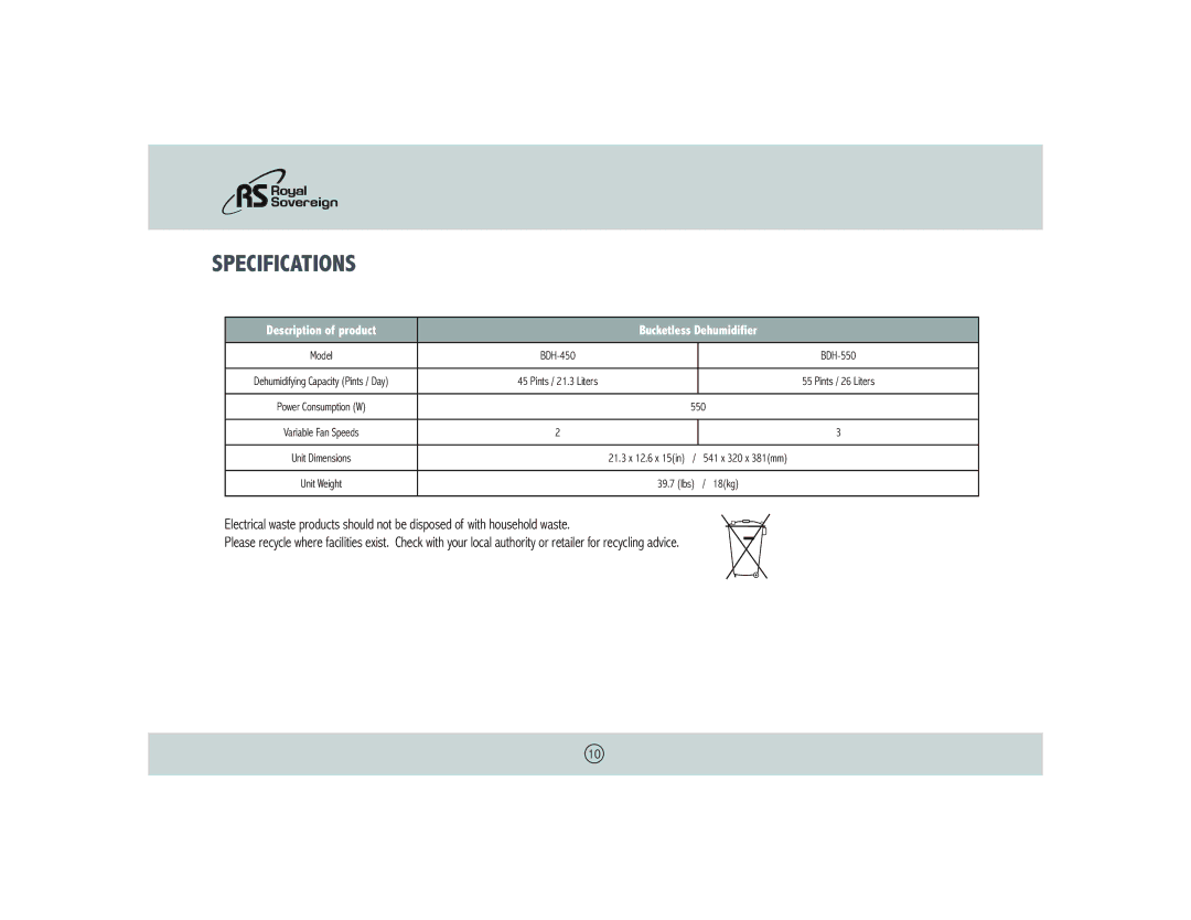 Royal Sovereign BDH-550 owner manual Specifications, Description of product Bucketless Dehumidifier 