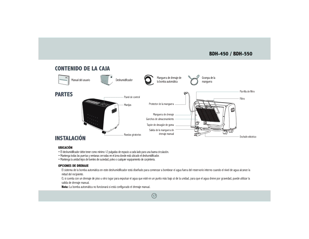 Royal Sovereign BDH-550 owner manual Contenido DE LA Caja, Partes, Ubicación, Opciones DE Drenaje 